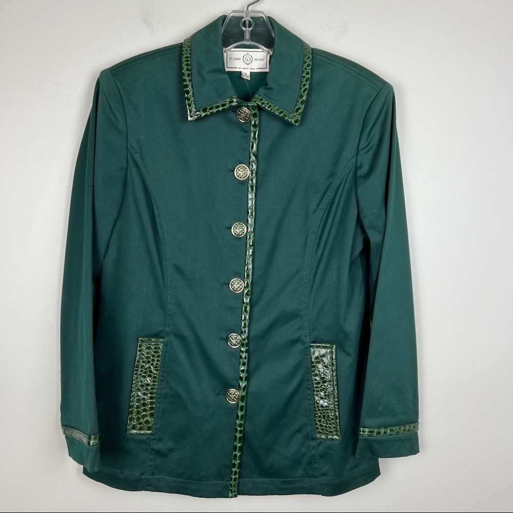St. John Sport Marie Gray Women's Forest Green Jacket Vinyl Trim  Size P Small